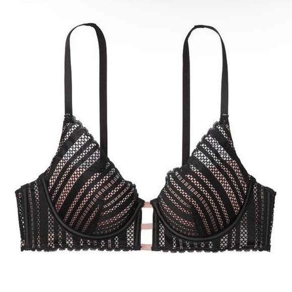 Victoria's Secret Luxe Plunge Bra Black Striped Lace + Pink Satin Underwire 34C - Picture 2 of 11